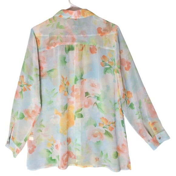 J.Jill Sheer Floral Button Front Blouse Womens M Colorful Long Sleeves Spring - Picture 2 of 13